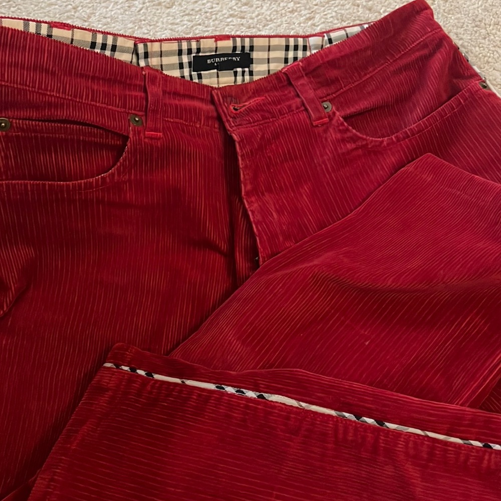 Burberry Red Corduroy Pants with Signature Check Waistband